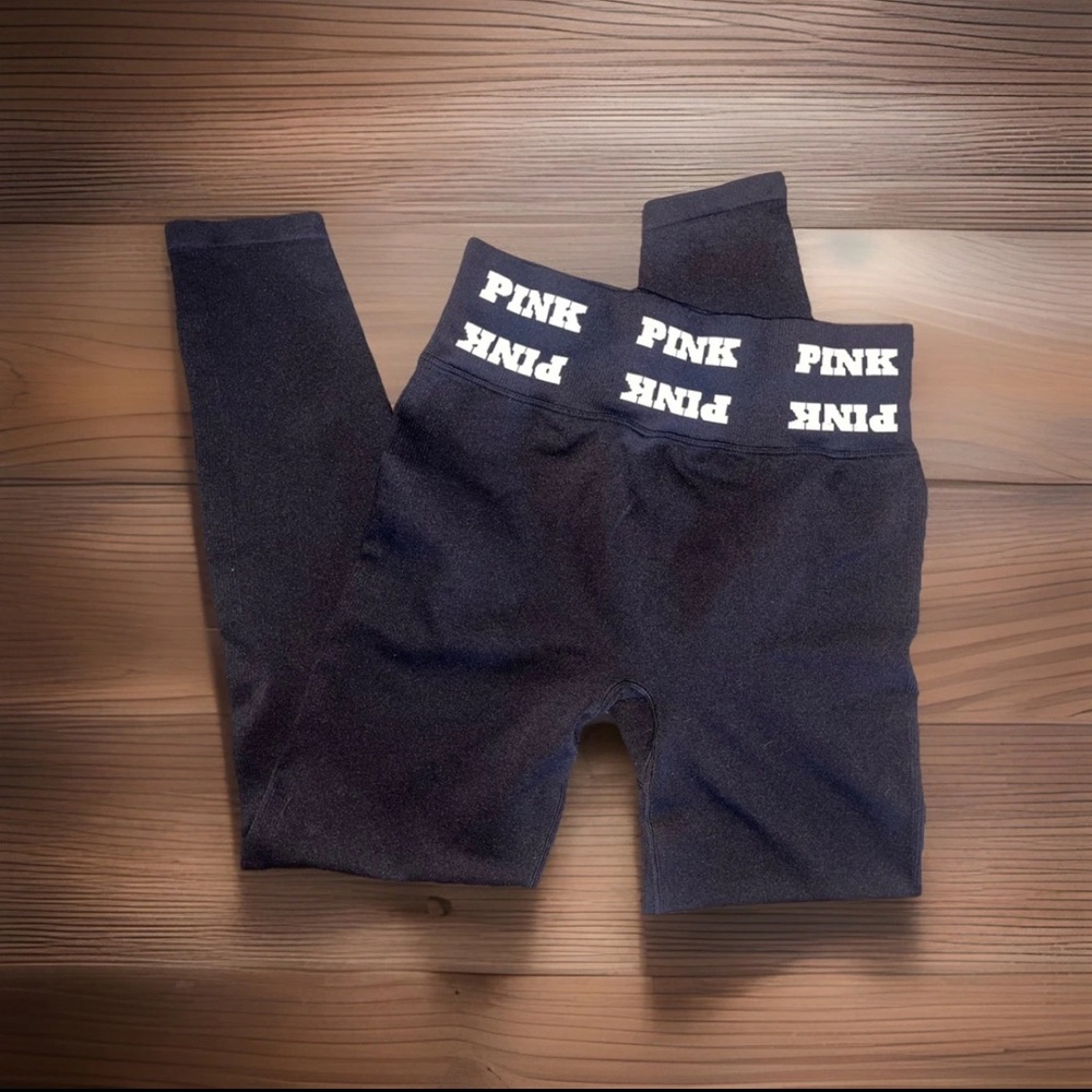 Victoria’s Secret PINK Black Leggings with Pink Logo Waistband Med